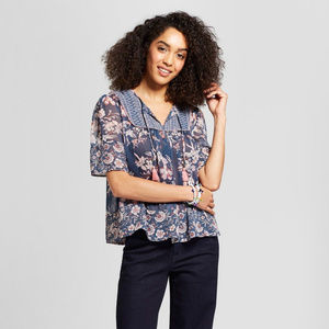 Knox Rose Sheer Floral Printed Peasant Tassel Top